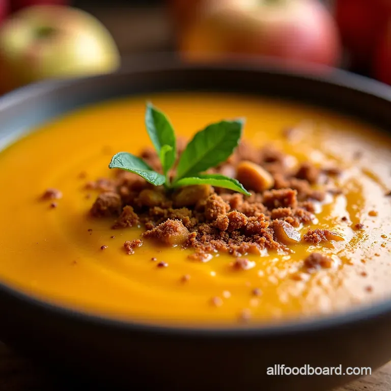 Velvet Pumpkin Spiced Apple Soup with Toasted Pepitas presentation