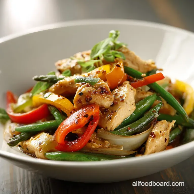 A beautiful stir-fry, piled high on a plate, garnished with sesame seeds and fresh scallions. Steaming hot, ready to enjoy.