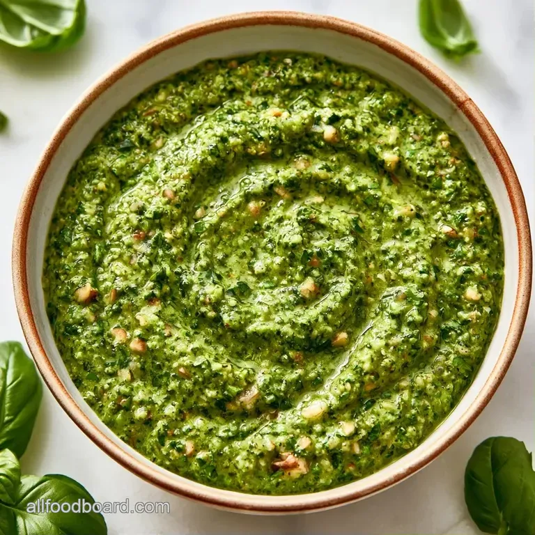 Swirls of bright green herbal sauce on a white plate, topped with a whole basil leaf and a drizzle of gold oil.