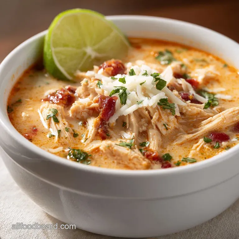 A spoonful lifts creamy white chili with shredded chicken. Cilantro sprigs and a lime wedge add bright color and freshness.