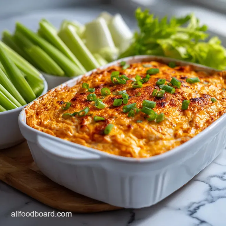 Scoop of rich, shredded chicken dip oozing from a crispy celery stick, flecked with herbs and hints of spicy red.