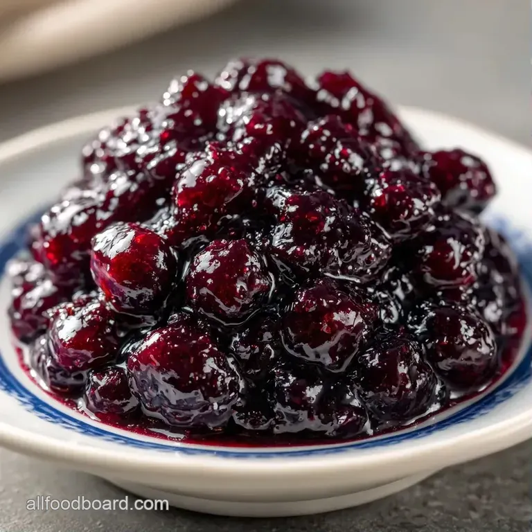 Shimmering dark violet preserves spread over warm toasted sourdough beside a small sprig of fresh green mint.
