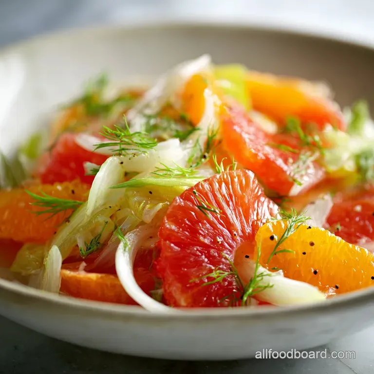 A colorful citrus salad artfully arranged on a white plate with delicate fennel fronds and glistening dressing.