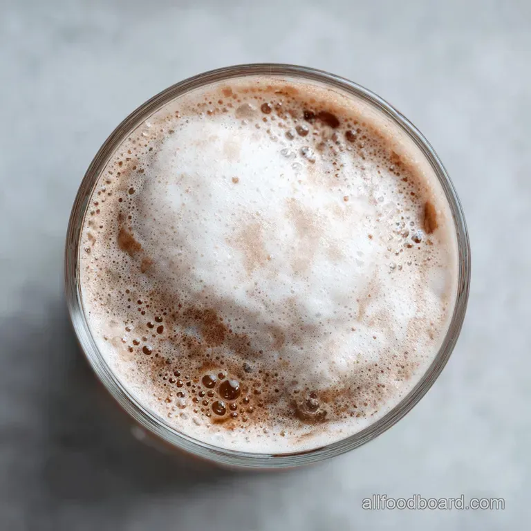 Chilled glass of a creamy white Russian, topped with a dusting of cocoa powder.