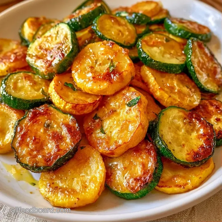 Sliced yellow and green summer squash piled neatly on a white plate, garnished with a sprig of fresh curly parsley.
