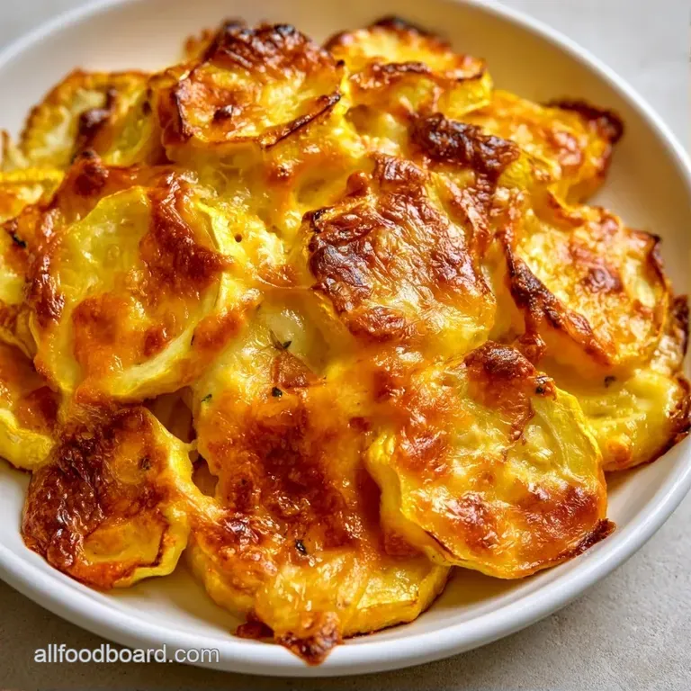 A scoop of creamy yellow squash on a white plate, topped with melted cheese and a sprig of fresh parsley.