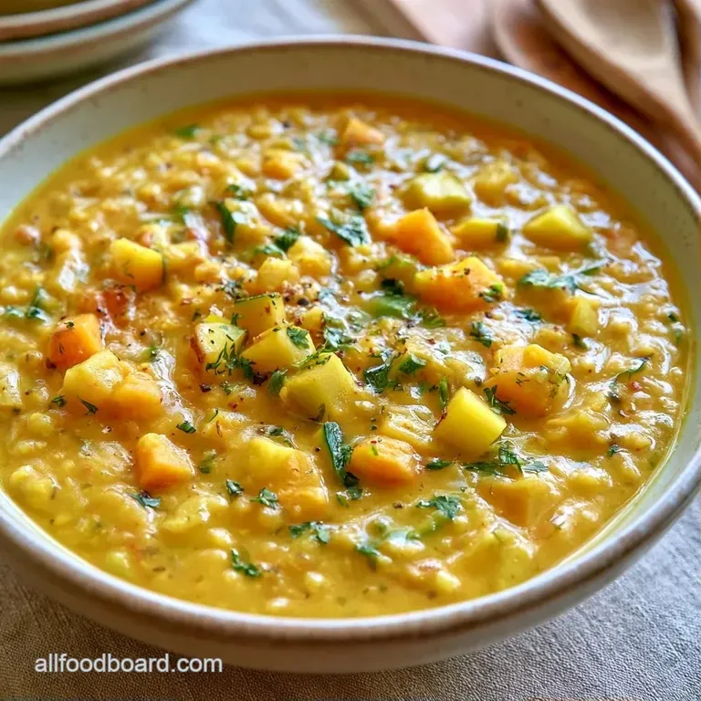 A ceramic bowl of golden lentil stew topped with a swirl of coconut cream and fresh cilantro on a linen napkin.