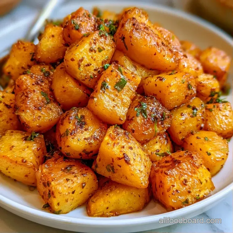 Vibrant golden squash cubes served in a minimalist white bowl, accented by fresh cilantro leaves and aromatic seeds.
