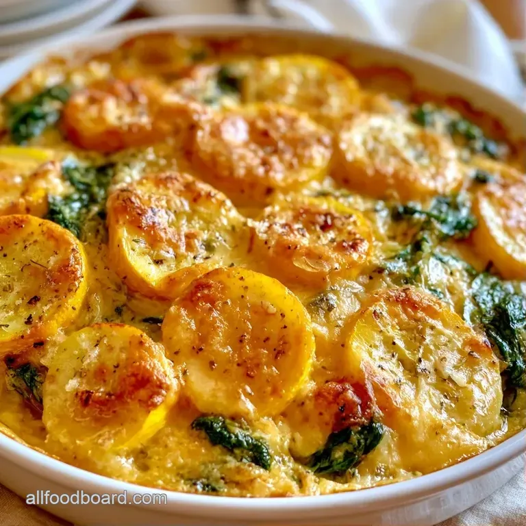 A square slice of bubbly baked vegetable casserole on a white ceramic plate, garnished with fresh green herbs.