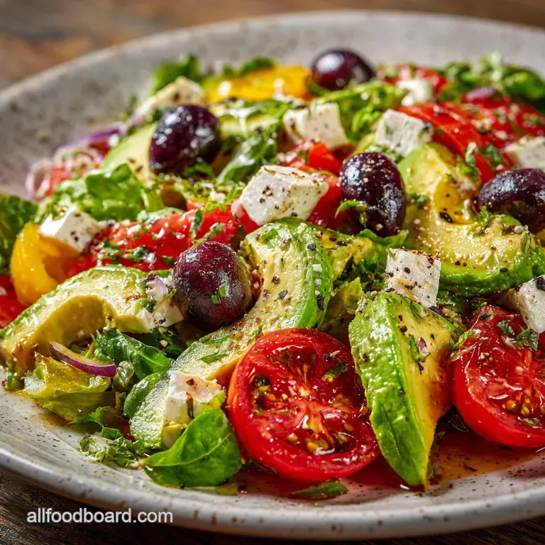 Elegant plate featuring creamy avocado salad bursting with colorful vegetables, garnished with herbs. Bright, fresh, and a...