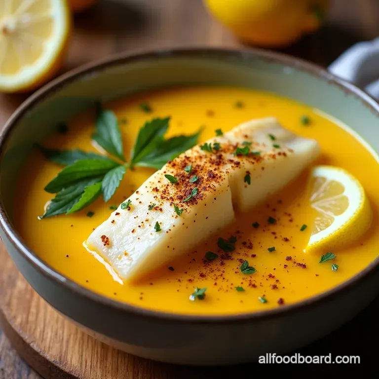 Bright Zesty Greek Lemon Fish Soup Avgolemono Inspired presentation