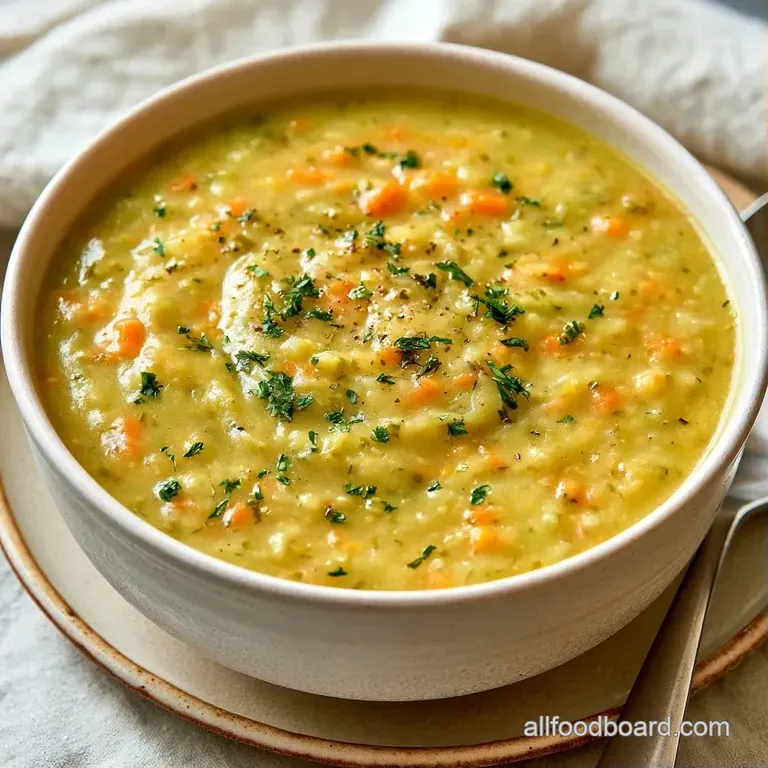 Elegant white bowl of velvety light green soup topped with toasted seeds and a delicate swirl of coconut cream.